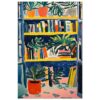 Libros y plantas en estantería de arte original, pintura moderna de estilo abstracto.