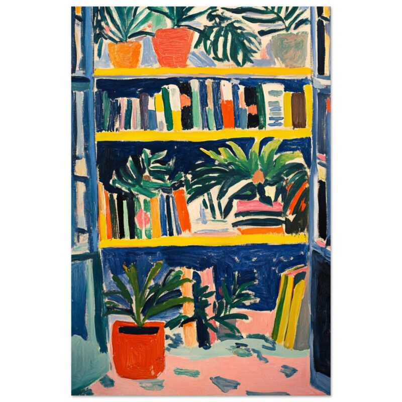Libros y plantas en estantería de arte original, pintura moderna de estilo abstracto.