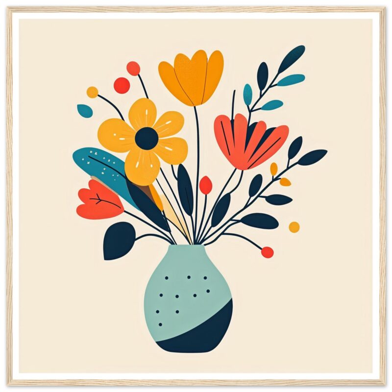 Colores vibrantes y diseño moderno en ilustración de ramo de flores en florero.