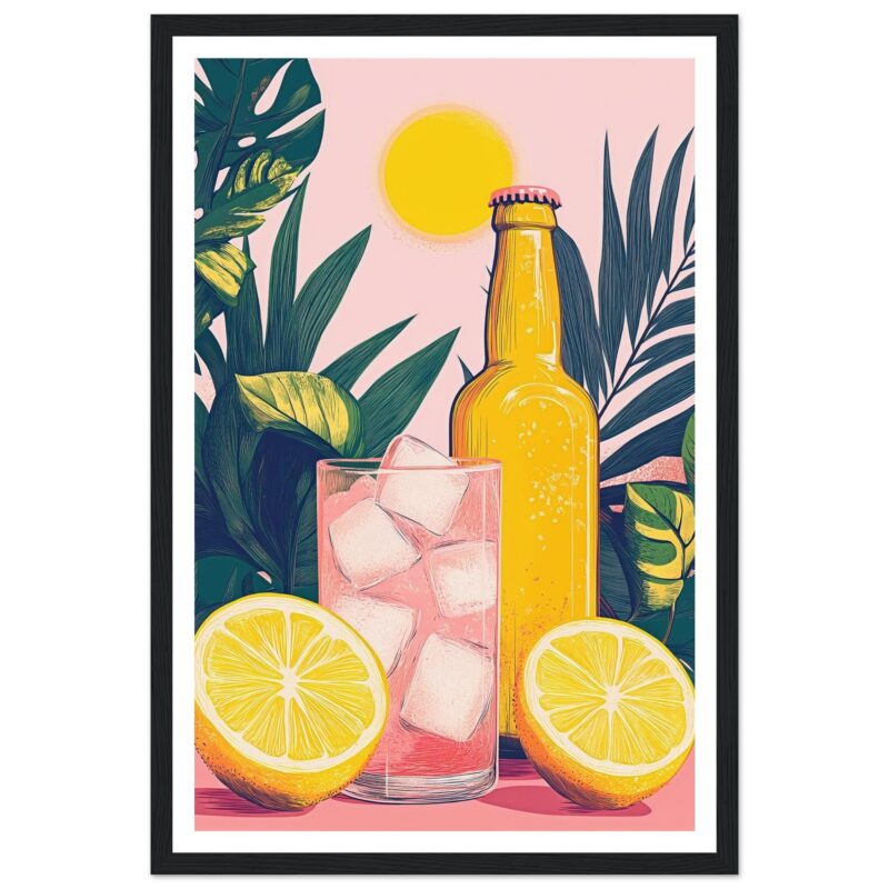 Bebida refrescante de limón y hielo con plantas tropicales y sol en fondo rosa.