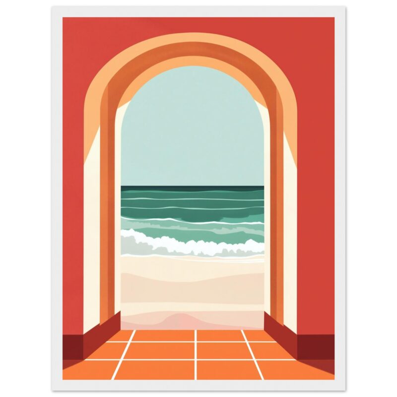 Paisaje de playa visto desde la ventana arqueada con paredes de color terracota y suelo de baldosas naranja.
