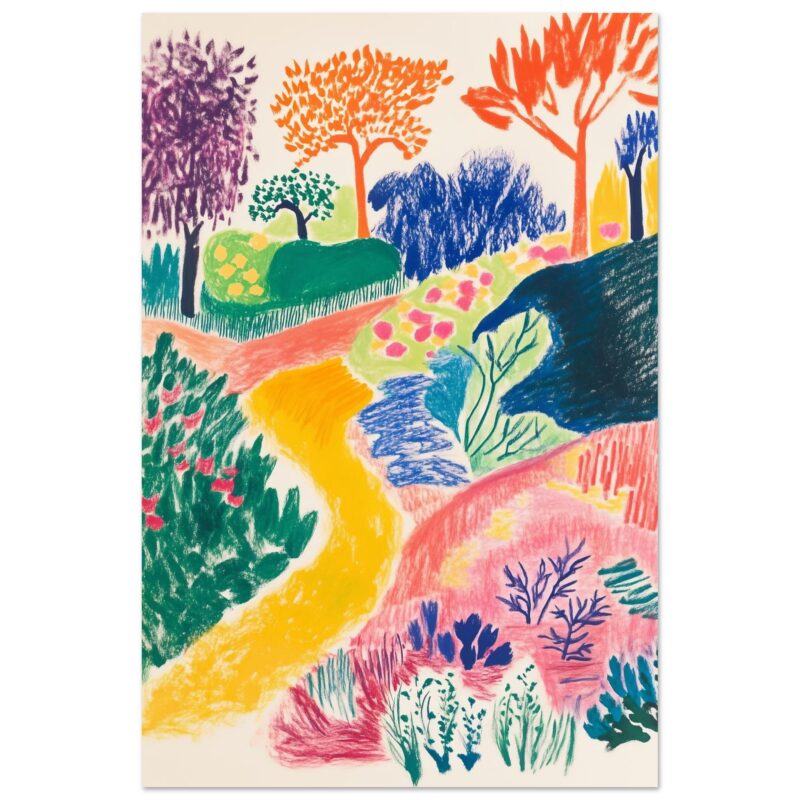 - Colores vibrantes en pintura de naturaleza con árboles y caminos en estilo artístico.