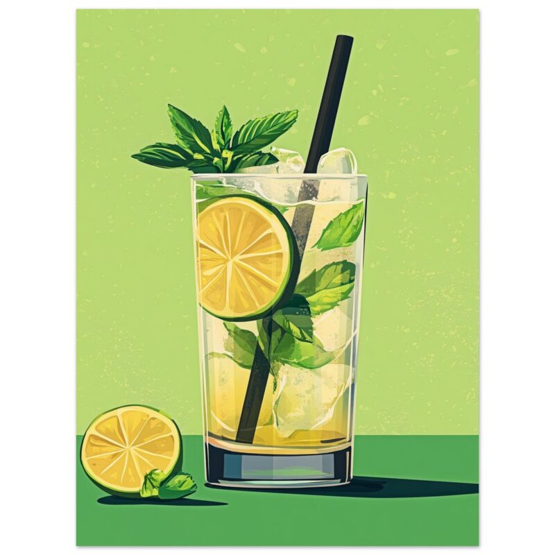 Limonada fresca con hierbabuena y hielo en vaso alto, ilustración digital moderna.