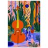 Cuerpo de violonchelo en un entorno colorido con plantas y jarrones estilo abstracto.