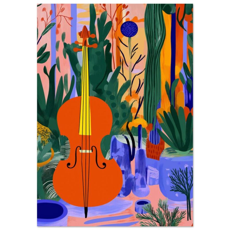 Cuerpo de violonchelo en un entorno colorido con plantas y jarrones estilo abstracto.