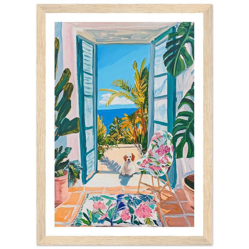 Puerta abierta hacia el mar con plantas tropicales en interior y perro en silla de diseño.