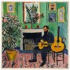 Guitarrista en sala de estar con plantas y cuadros, estilo pintura expresionista, ambiente acogedor y artístico.