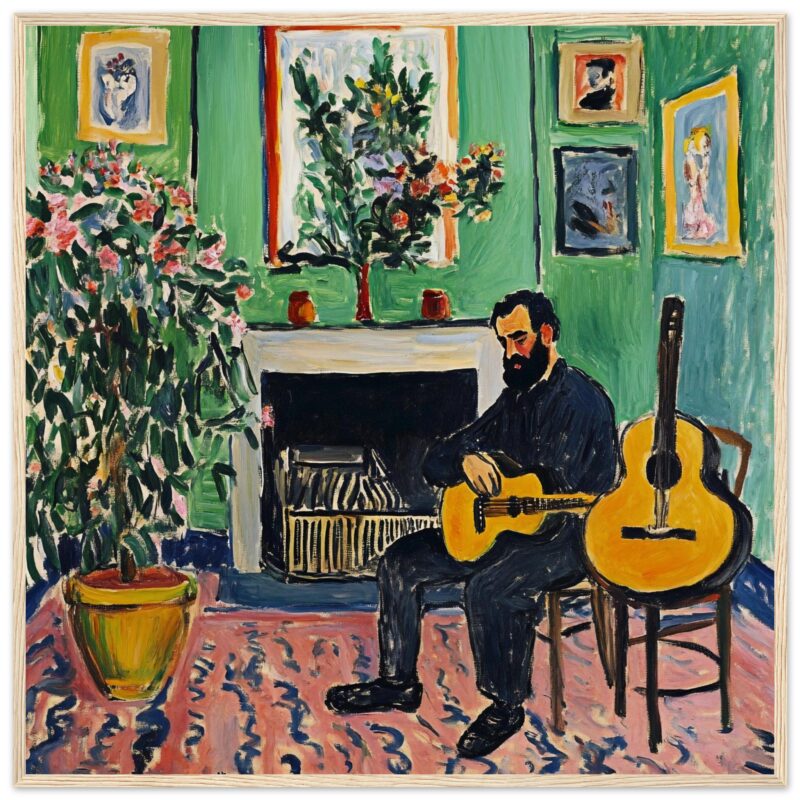 Guitarrista en sala de estar con plantas y cuadros, estilo pintura expresionista, ambiente acogedor y artístico.