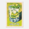 Refresco Mojito en vaso con hielo, limón y hierbabuena, ilustración artística colorida.
