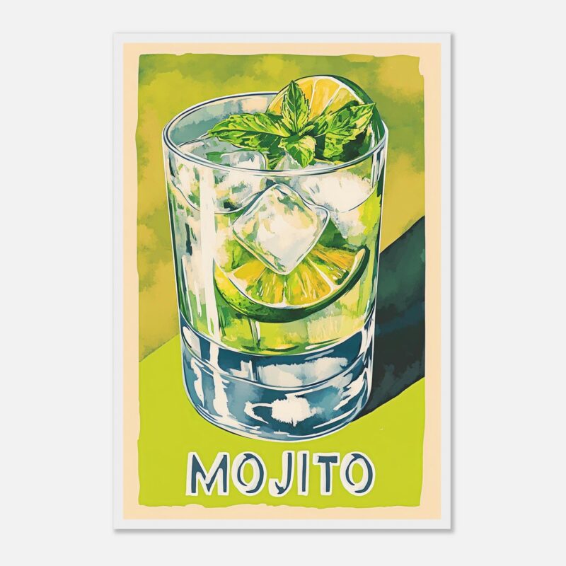 Refresco Mojito en vaso con hielo, limón y hierbabuena, ilustración artística colorida.