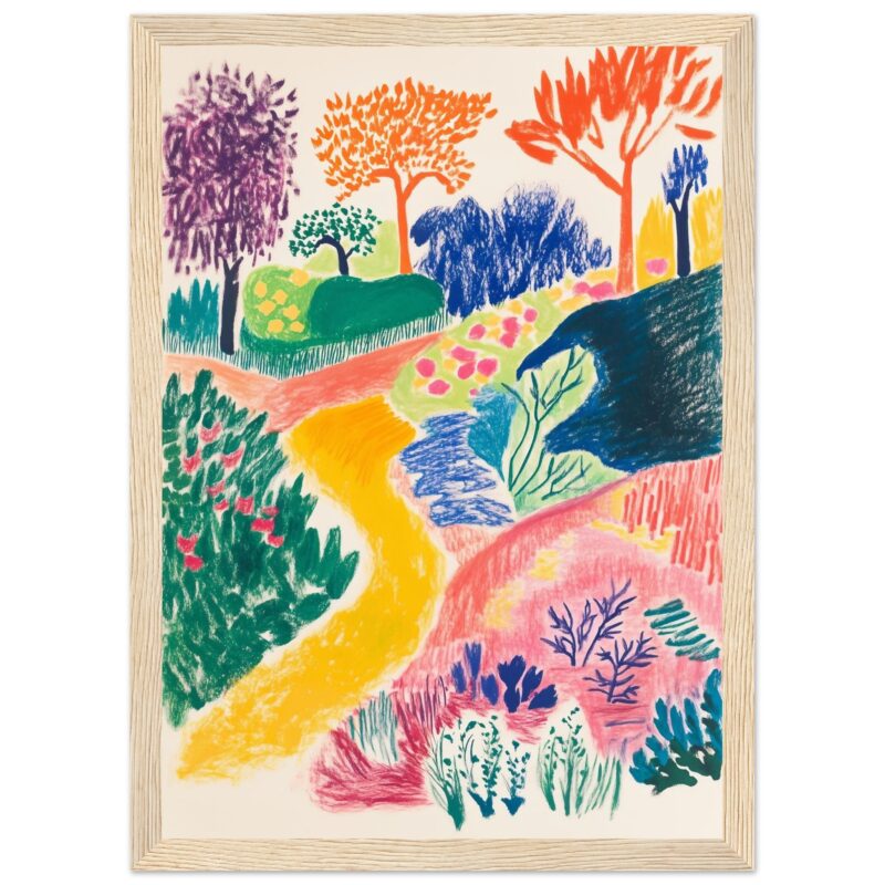 Colores vibrantes, paisaje de bosque y sendero en dibujo infantil colorido con marcos de madera.