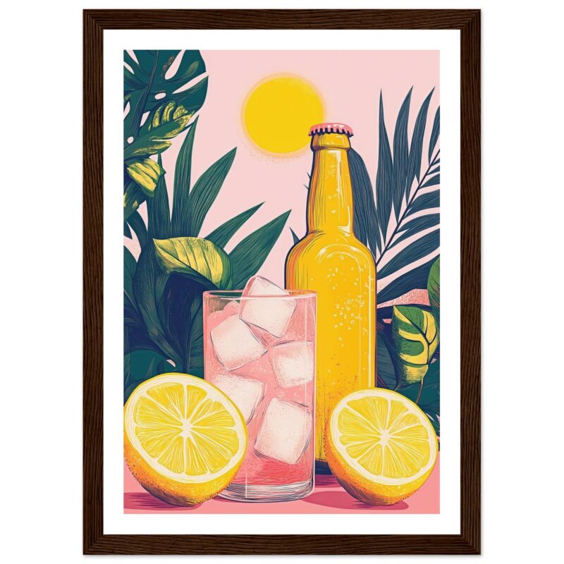 Lámina decorativa de estilo moderno con bebida refrescante y elementos tropicales.