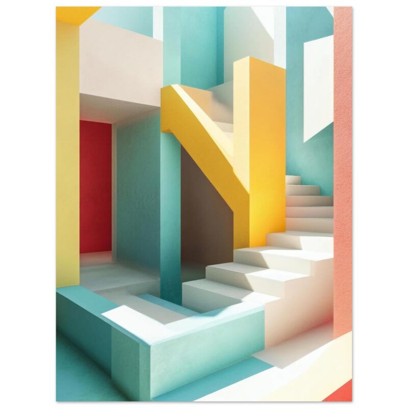 Escaleras modernas y coloridas en interior minimalista, diseño arquitectónico vibrante y creativo.