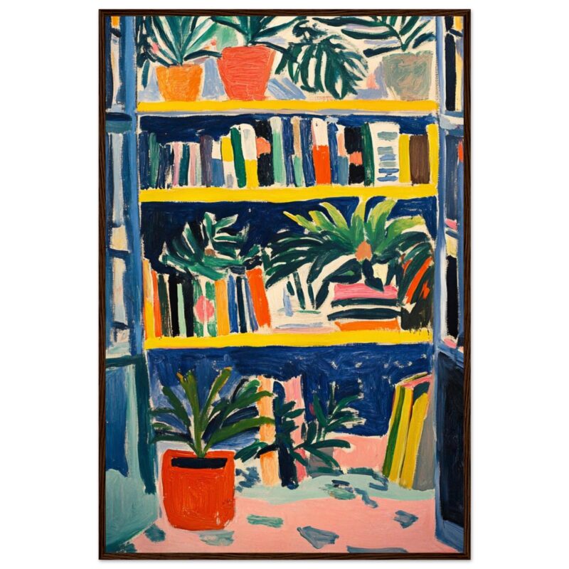 Libros y plantas en estantería, pintura expresionista, decoración moderna, obra artística de Digiart Studio.