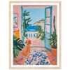 Perspectiva de pintura artística con vista al mar, plantas verdes y perro sentado en balcón.