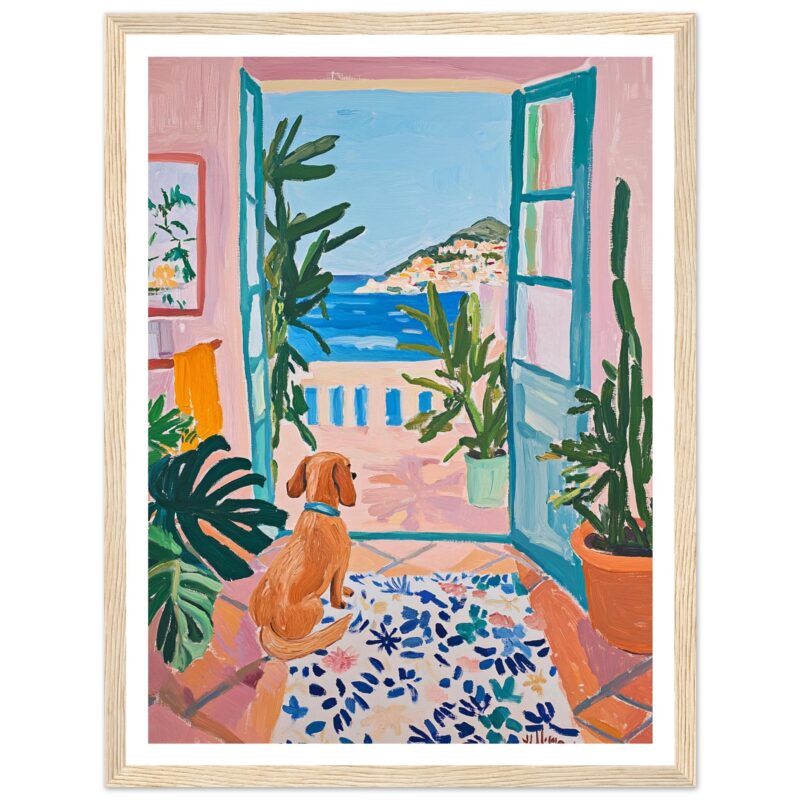 Perspectiva de pintura artística con vista al mar, plantas verdes y perro sentado en balcón.