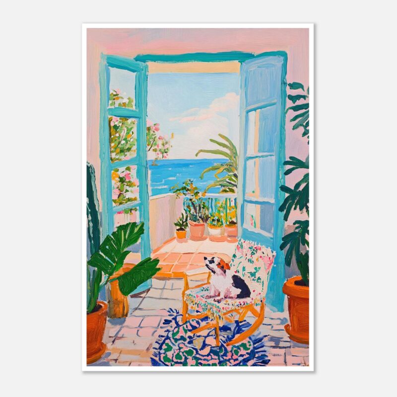 Tonos pastel y vibrantes en una pintura de un balcón con vista al mar, plantas y una silla con un perro.