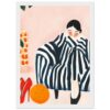 Un retrato ilustrado de una mujer con vestido a rayas en tonos azules y blancos, con zapatos rojos y fruta decorativa en el fondo.
