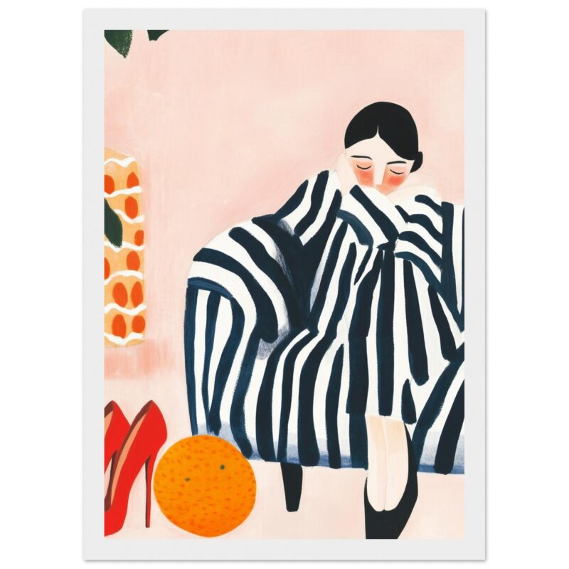 Un retrato ilustrado de una mujer con vestido a rayas en tonos azules y blancos, con zapatos rojos y fruta decorativa en el fondo.