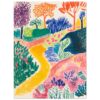 Arboles y senderos en un paisaje de colores vibrantes, estilo artístico bohemio y creativo.
