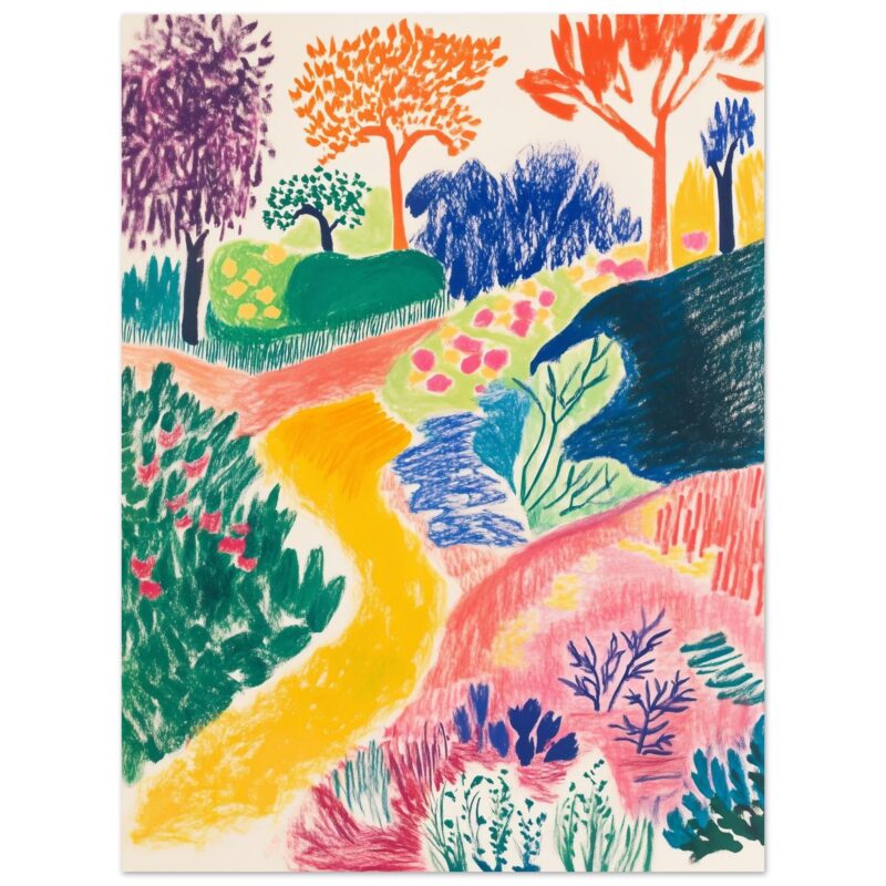 Arboles y senderos en un paisaje de colores vibrantes, estilo artístico bohemio y creativo.