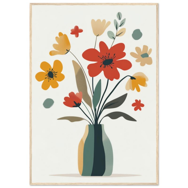 1ff8c4bc-dbae-42a6-ab5f-410bf4a52f7d.jpg Jarrón con flores abstractas en estilo moderno y colores cálidos, decoración para interiores, arte digital, pintura en lienzo, estilo minimalista.