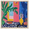 Verde y rosa en naturaleza muerta con jarrón y plantas, arte decorativo y colores vibrantes.