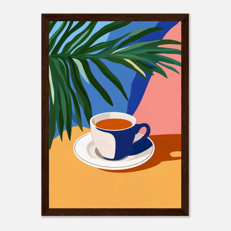 Taza de café con plantas verdes en estilo digital artístico.