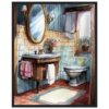 1. alt text: Baño de estilo vintage con lavabo de madera, espejo ovalado y plantas en maceta.
