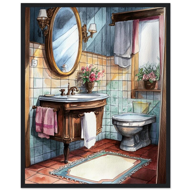 1. alt text: Baño de estilo vintage con lavabo de madera, espejo ovalado y plantas en maceta.