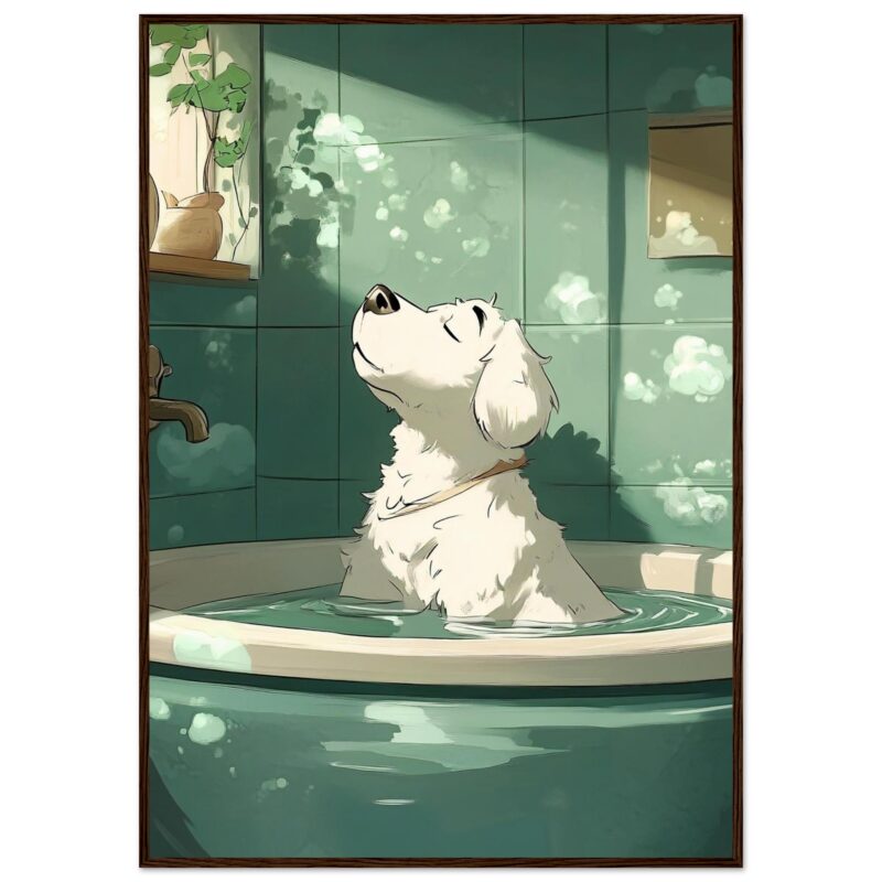 217d8549-dd15-4f57-82dd-d69bee629739.jpg -relajante perro en baño con burbujas de jabón, ilustración digital en estilo moderno.
