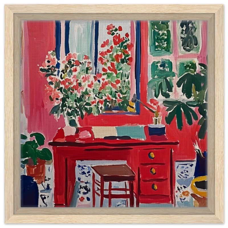 Jarrón con flores en una habitación pintada estilo impresionista, decoraciones vibrantes y coloridas.