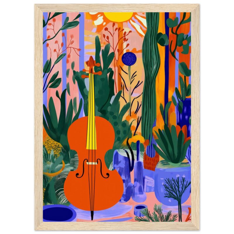 Violin con naturaleza abstracta, cuadros y plantas en estilo colorido y vibrante.