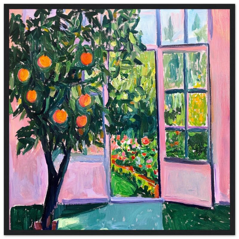 Árbol de naranjos con frutas en un interior luminoso, estilo pintura impresionista, desde Digiart Studio.