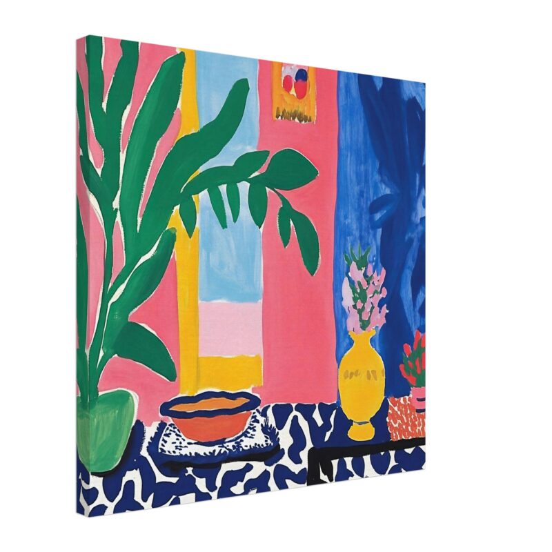 Vibrante pintura de estilo moderno con plantas y flores en interiores coloridos.