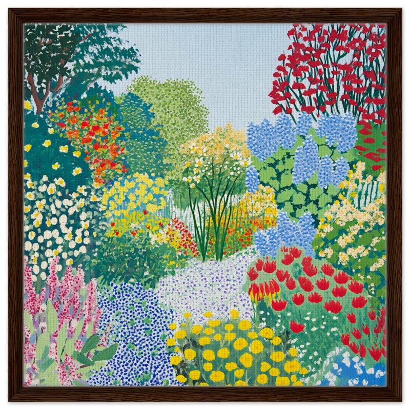 Colores vibrantes de jardín con flores y árboles en estilo pictórico.