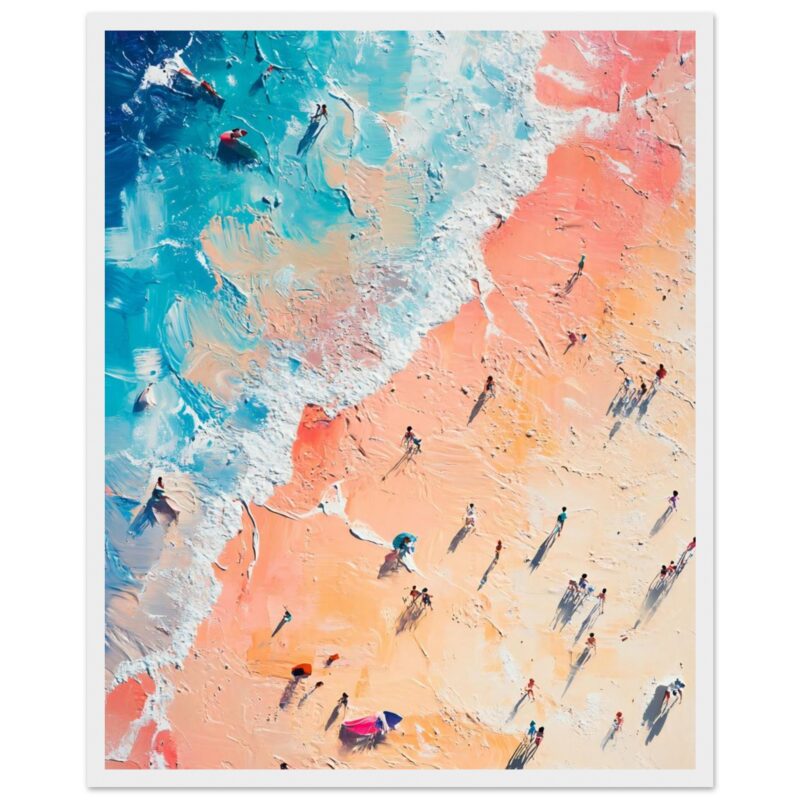 Pintura digital de playa con personas disfrutando del sol y el mar en estilo abstracto.