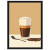 Vaso de café con leche con crema y granos de café en la mesa, ilustración digital.
