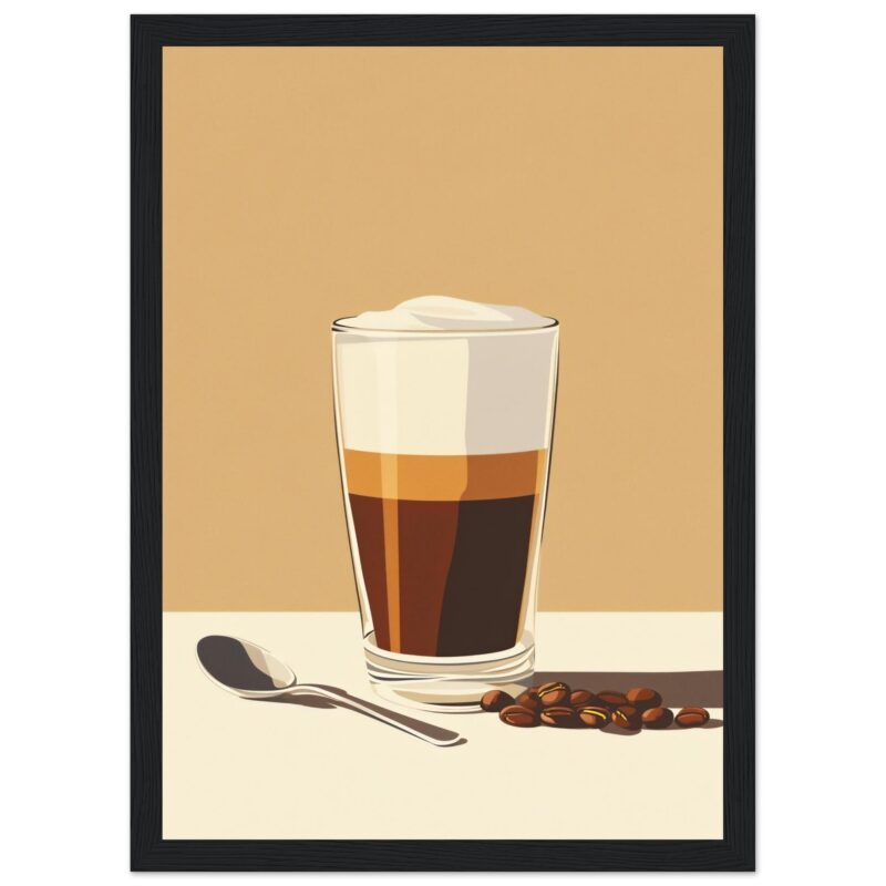 Vaso de café con leche con crema y granos de café en la mesa, ilustración digital.