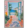 Puerta abierta con vista al mar y plantas en interiores, arte de estilo alegre y colorido, ideal para decoracion de espacios creativos y modernos.