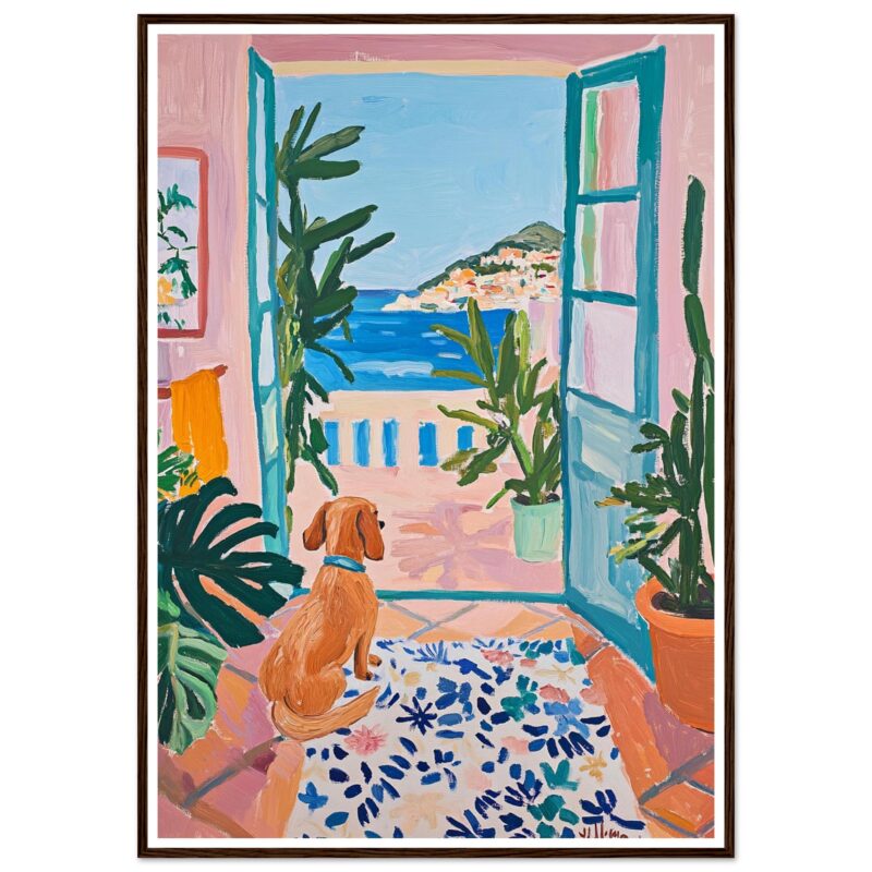Puerta abierta con vista al mar y plantas en interiores, arte de estilo alegre y colorido, ideal para decoracion de espacios creativos y modernos.