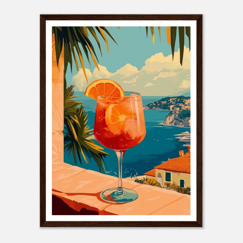 Refresco de verano con vista al mar en estilo ilustración.
