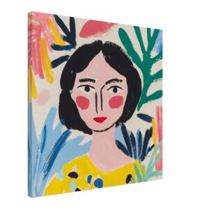 Retrato artístico de mujer con estilo abstracto y colores vibrantes, ideal para decoración moderna.