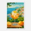 Refresco de naranja con hielo, vista al mar, casas costeras y naturaleza en estilo digital.