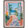 Puerta abierta con vista al mar, plantas y perro en estilo pintura vibrante.