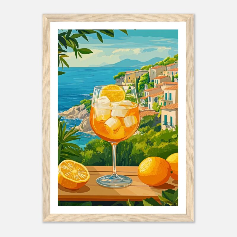Refresco de verano con ilusión en paisaje costero mediterráneo al estilo artístico digital.