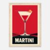 Mostrar cóctel Martini en estilo arte pop con fondo rojo vibrante y título destacado.