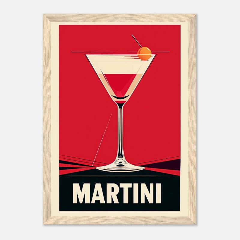 Mostrar cóctel Martini en estilo arte pop con fondo rojo vibrante y título destacado.