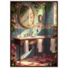 25f179cb-3518-4f34-b16c-f4ef1febca1a.jpg Banheiro com azulejos azuis, espelhos vintage e plantas floridas, ambiente de inspiração artística.