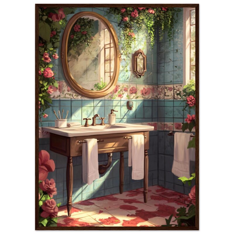 25f179cb-3518-4f34-b16c-f4ef1febca1a.jpg Banheiro com azulejos azuis, espelhos vintage e plantas floridas, ambiente de inspiração artística.